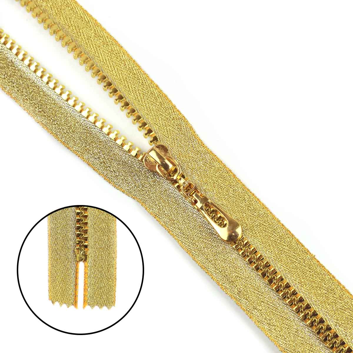 Молния  декоративная "трактор" тип 5 н/р 20см (тесьма и звено-золото)