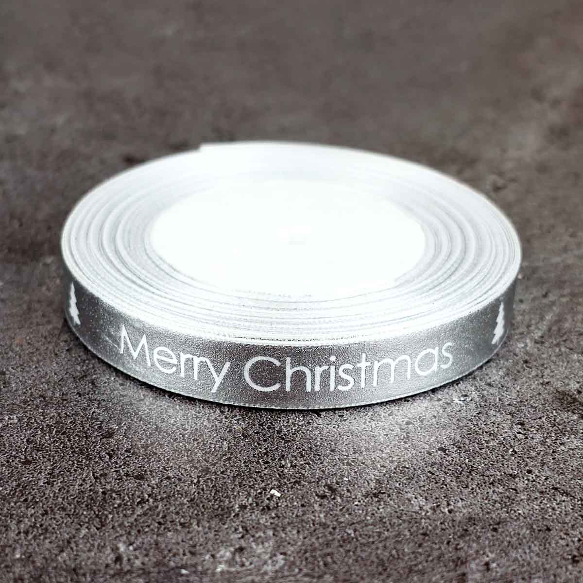 Лента декоративная (уп. 20 ярд) шир. 15 мм Merry Christmas серебро#белый