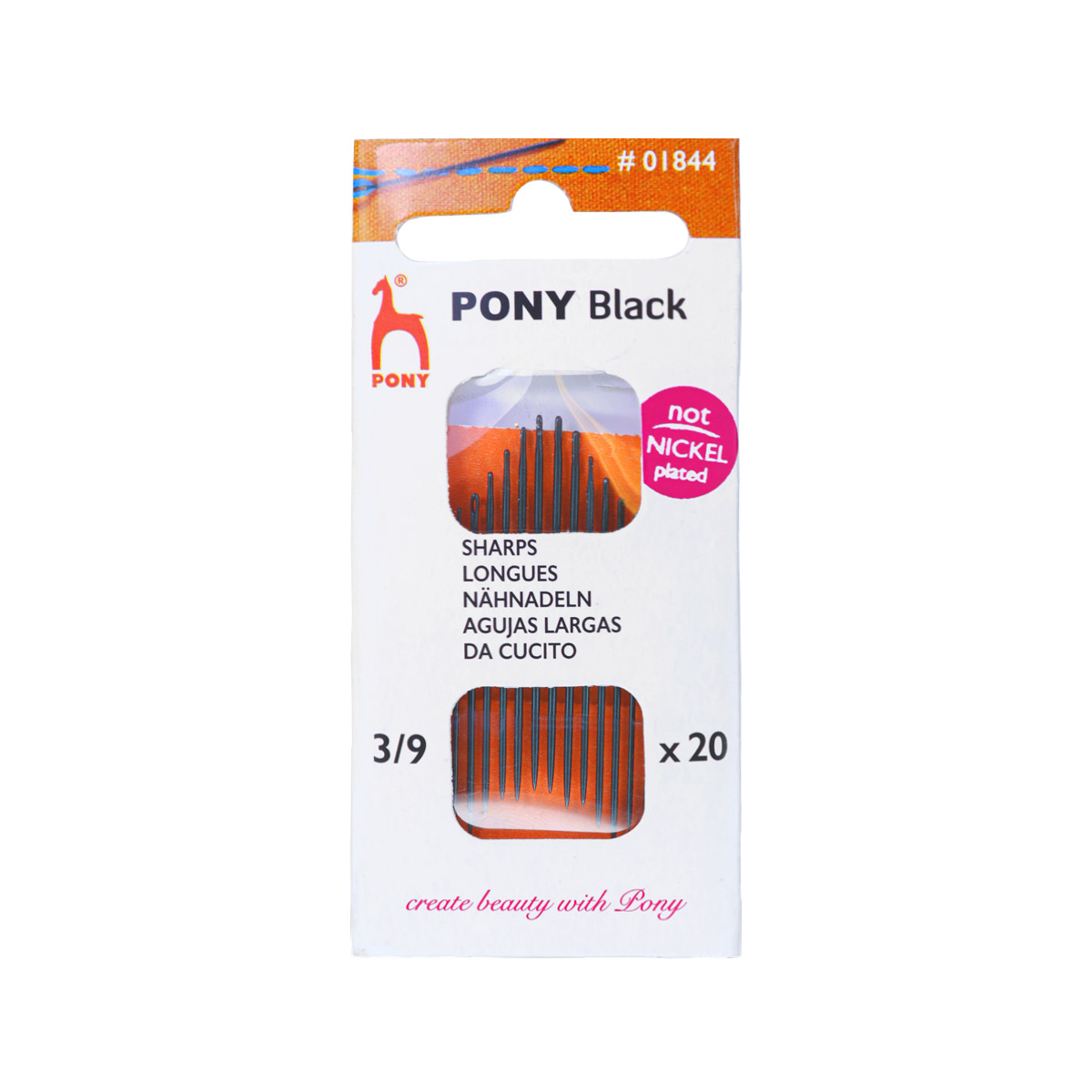 01844 Иглы для шитья BLACK Sharps №3-9 PONY (20 игл, дл. 45-34,5 мм, диам. 1,02-0,53 мм, 1 уп-5 пл.)