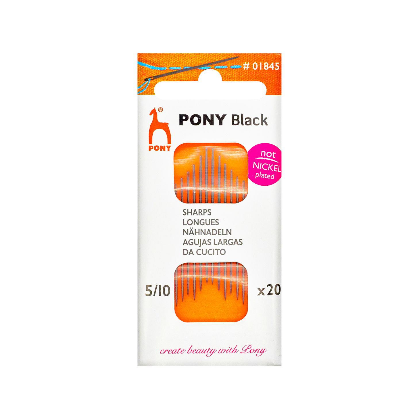 01845 Иглы для шитья BLACK Sharps №5-10 PONY (20 игл, дл. 41,5-32,5мм, диам.0,86-0,46мм,1 уп-5 пл.)