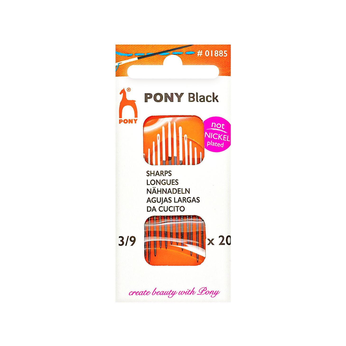 01885 Иглы для шитья BLACK Sharps №3-9 PONY (20 игл, дл.45-34,5 мм, диам.1,02-0,53 мм, 1 уп.- 5 пл.)