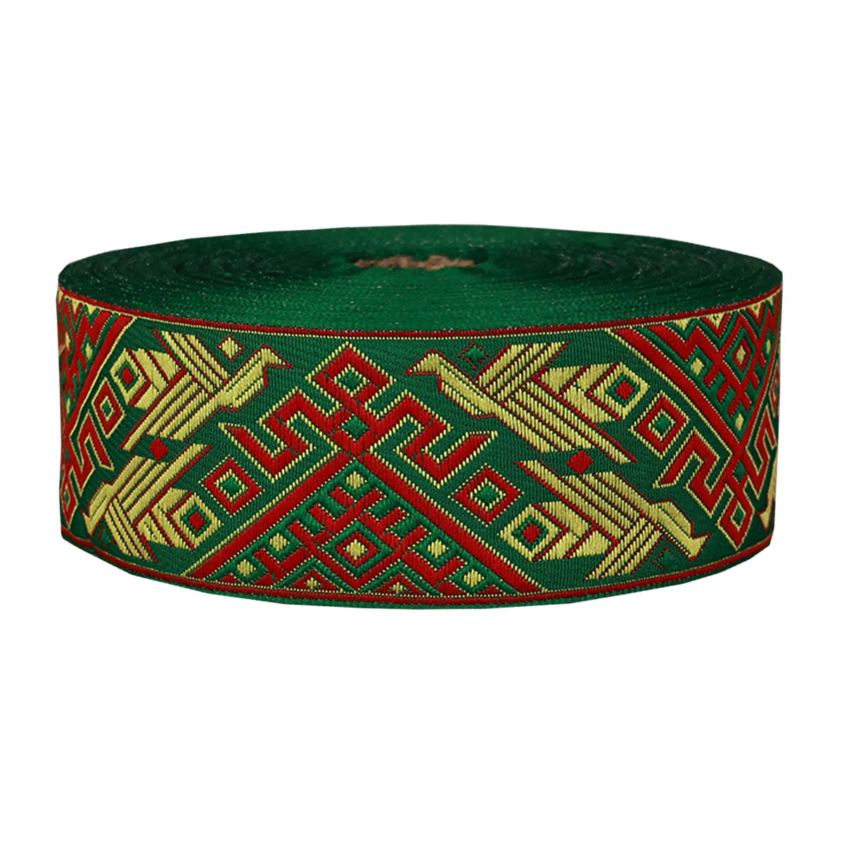 Лента жаккард. &quot;Славянский орнамент&quot; арт. 3775 рис. 9242 шир. 50 мм желто/красный/зеленый (уп. 25 м)