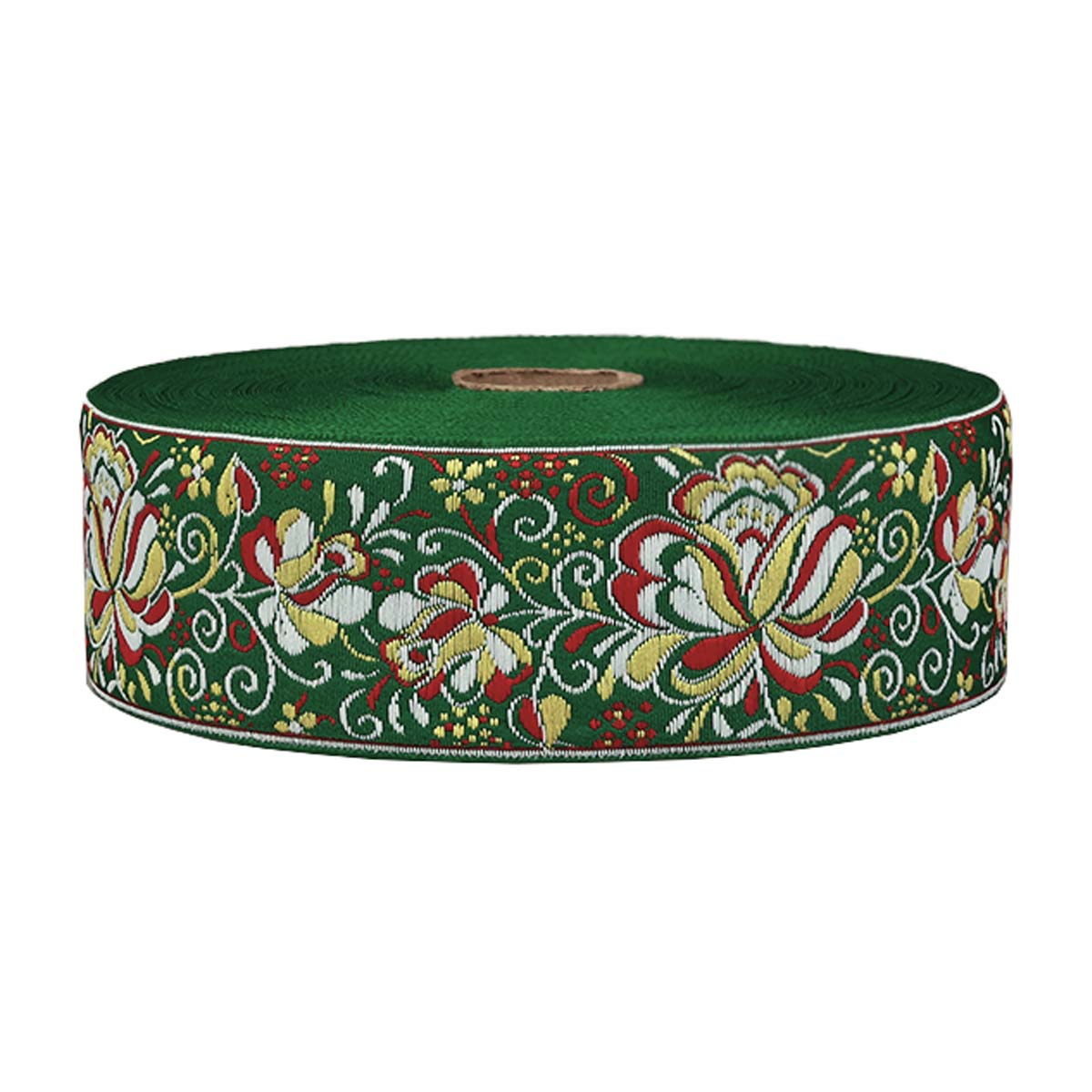 Лента отделочн. жаккард. арт. 3379 рис. 9568 шир. 50 мм зелено/бело/красный (уп. 25 м)