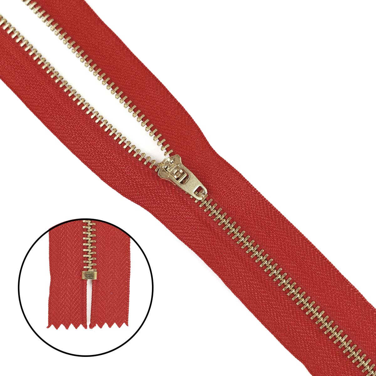 Молния джинсовая латунь тип 5 18 см н/р замок полуавтомат № 259 ДС красный