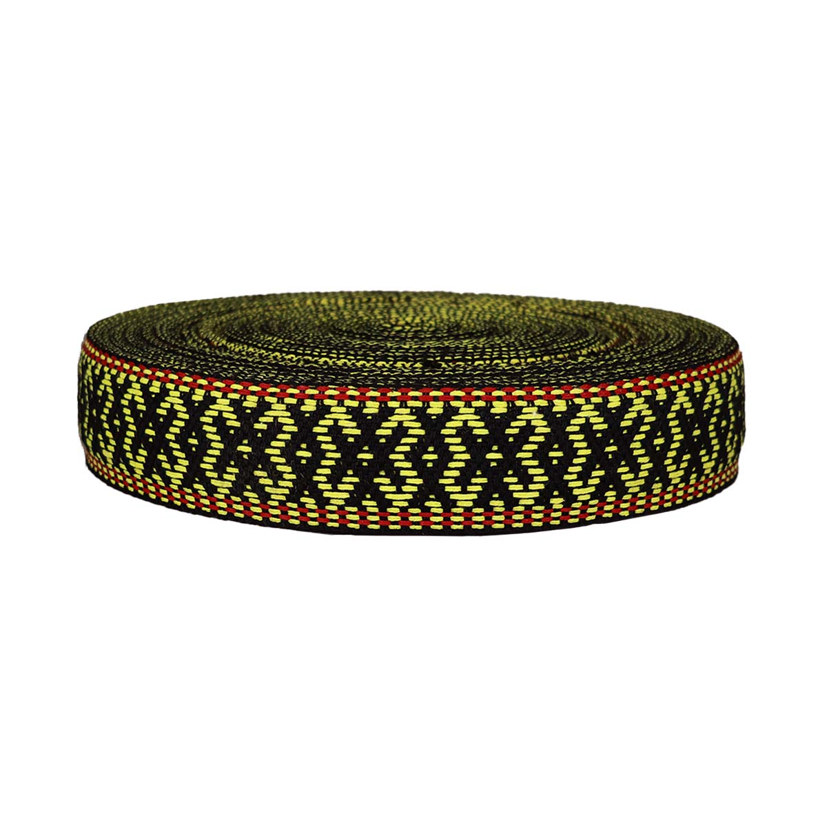 Лента отделочн. жаккард. (для поясов) арт. 3822 рис. 9852 шир. 40 мм черн./желтый/красный (уп. 25 м)