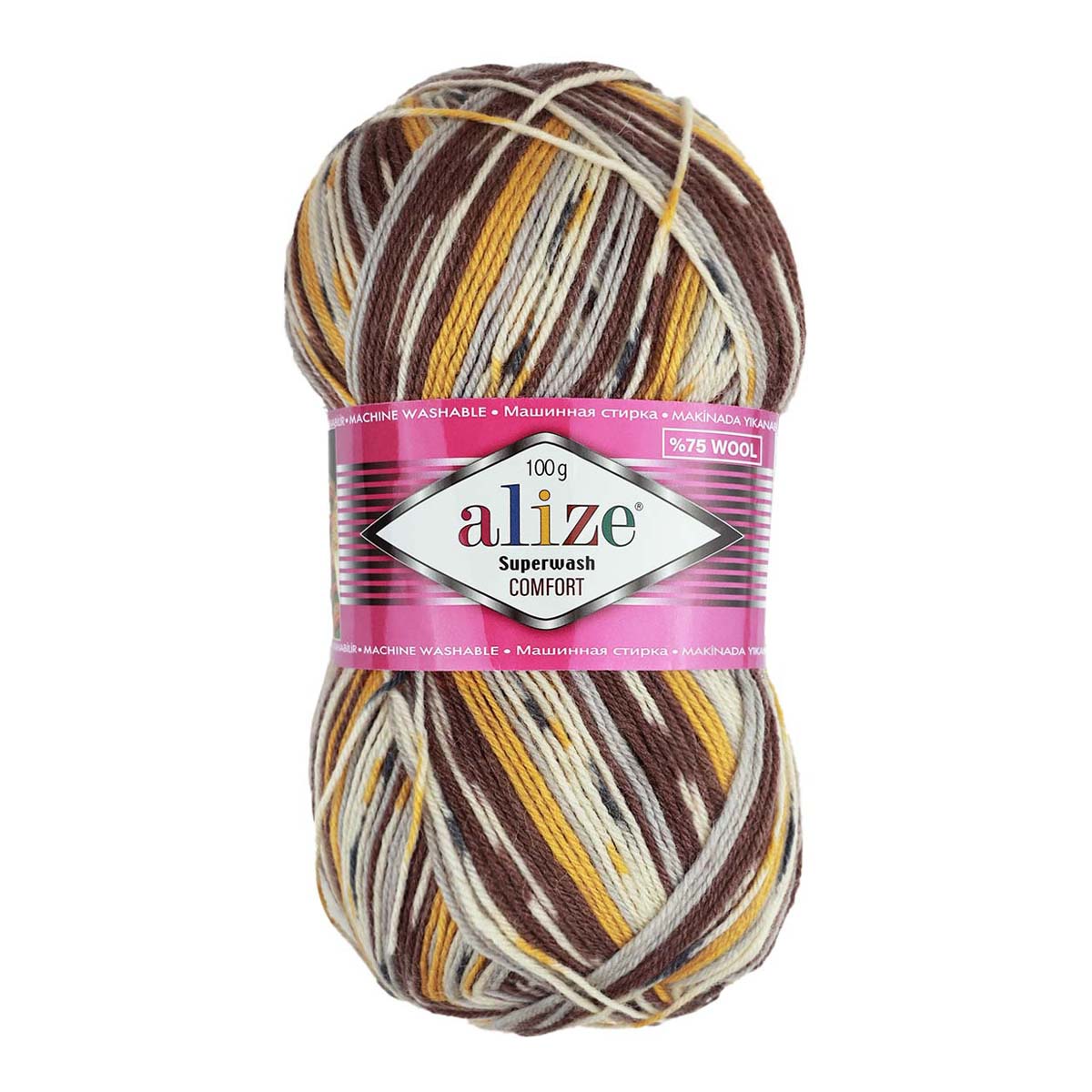 Пряжа Alize &quot;Superwash&quot; (75% шерсть, 25 % полиамид) 5 шт.х 100 г/ 420 м № 7652 шафран-чёрн-суров