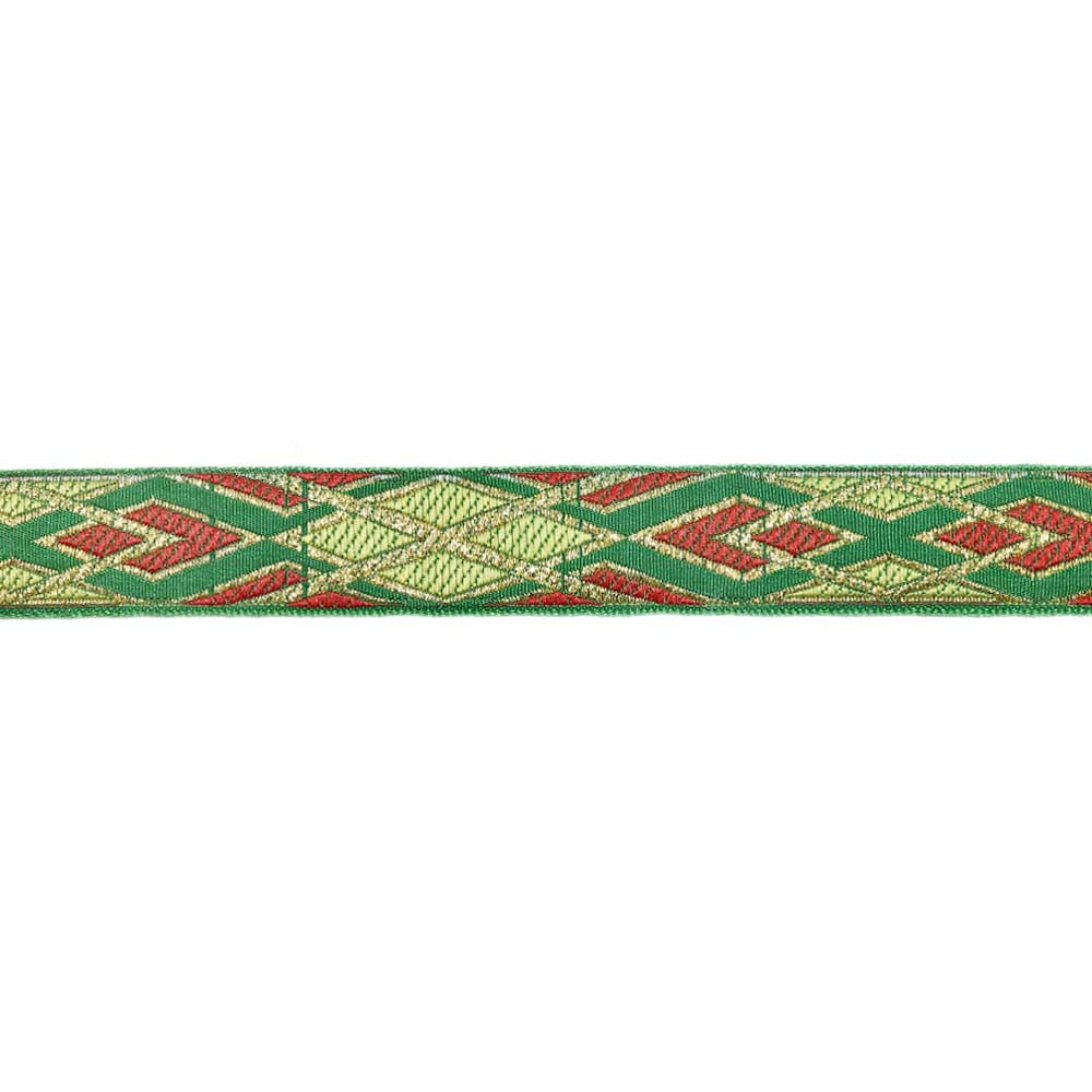 Лента отделочн. жаккард. арт. 1857 рис. 9235 шир. 24 мм зелено/красный/желтый с золотом (уп. 50 м)