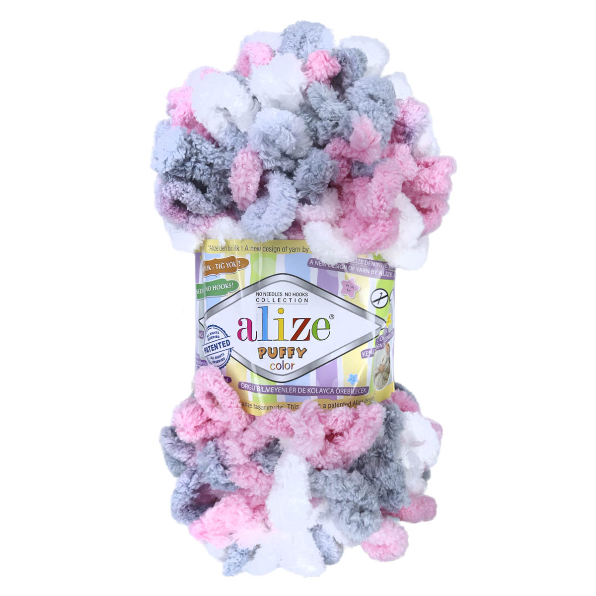 Пряжа Alize &quot;Puffy Color&quot; (100 % микрополиэстер) 5 шт.х 100 г/ 9 м № 6370 бел-розовый-серый