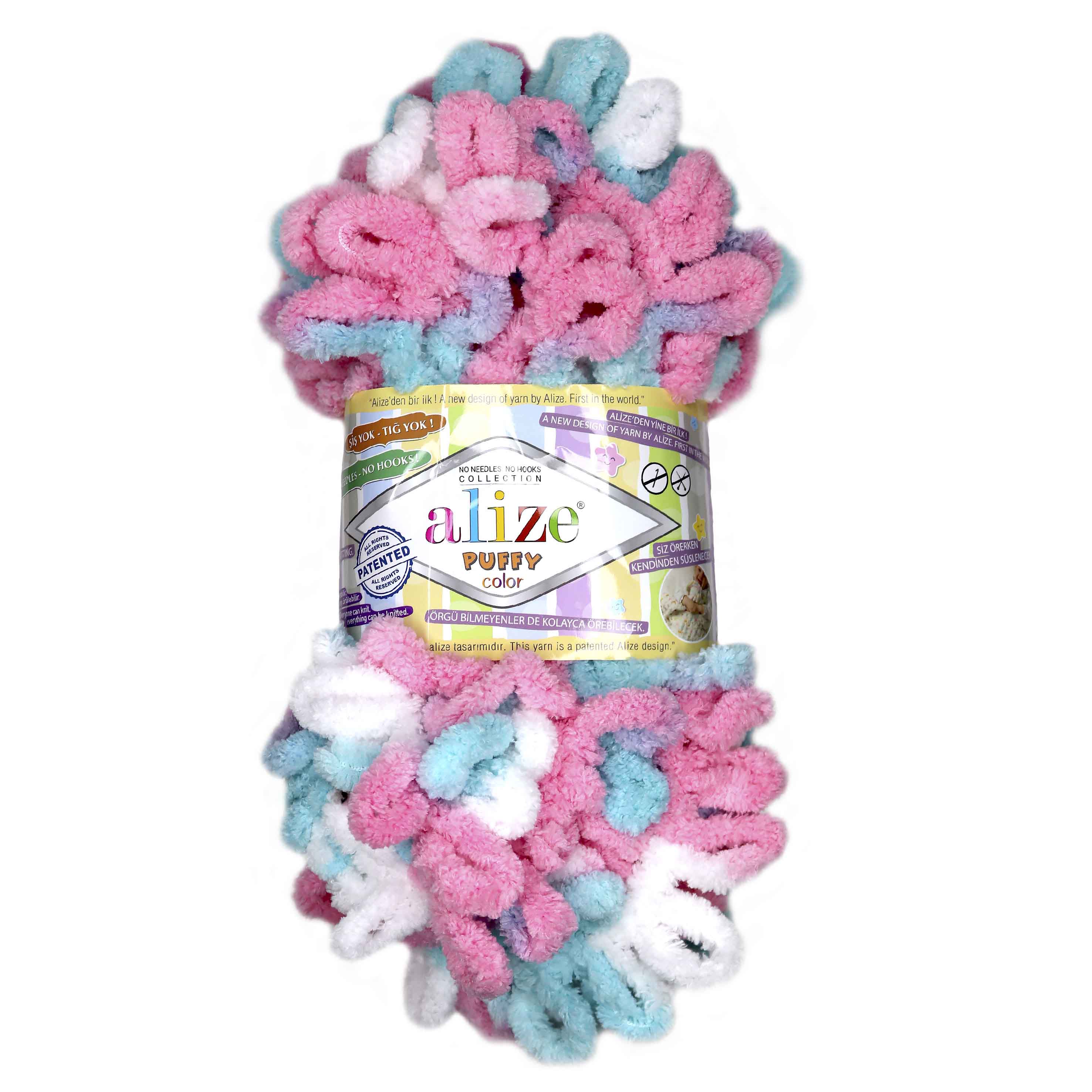 Пряжа Alize &quot;Puffy Color&quot; (100 % микрополиэстер) 5 шт.х 100 г/ 9 м № 6377 розовый-мята-белый