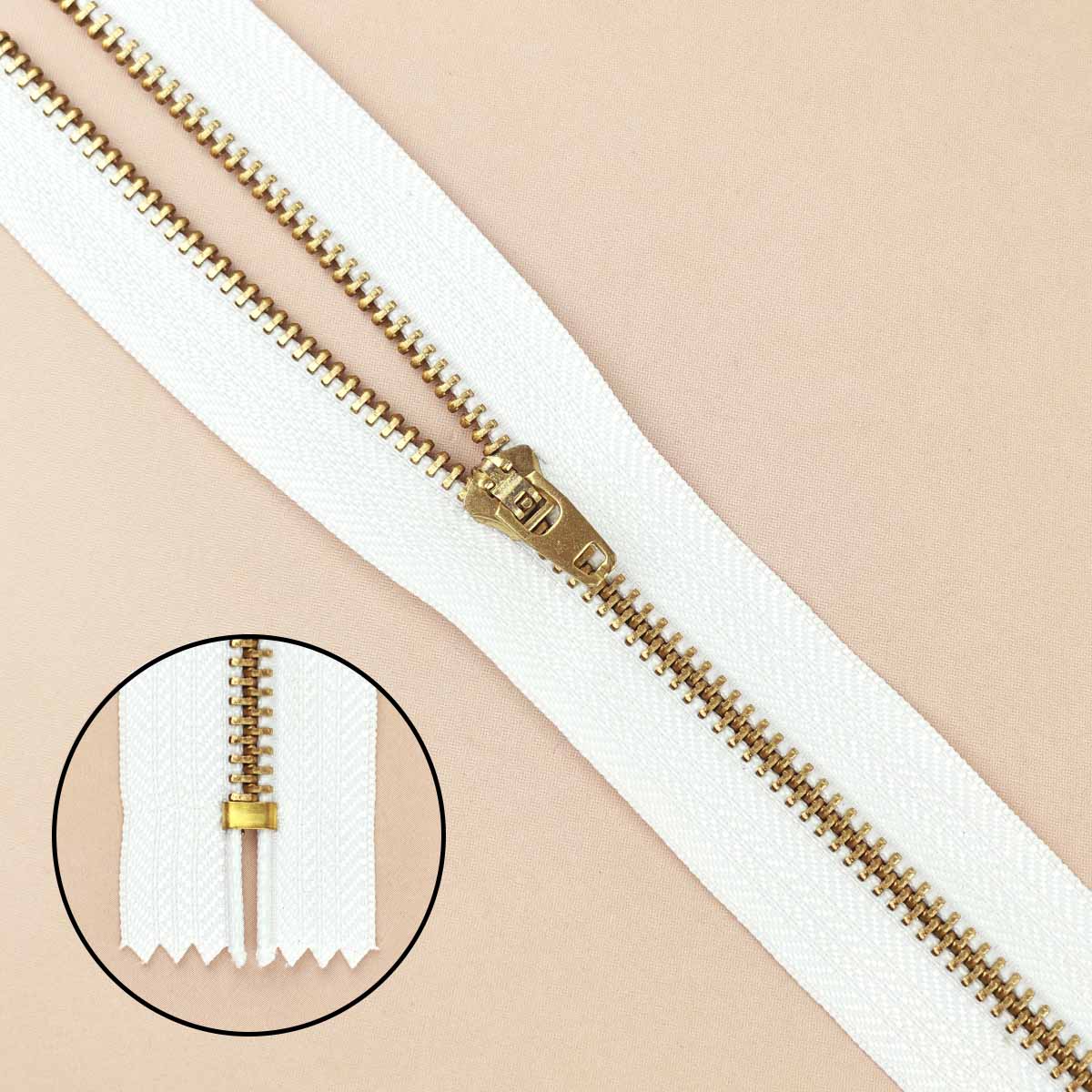 Молния джинсовая латунь тип 5 18 см н/р замок полуавтомат № 001 ДС белый